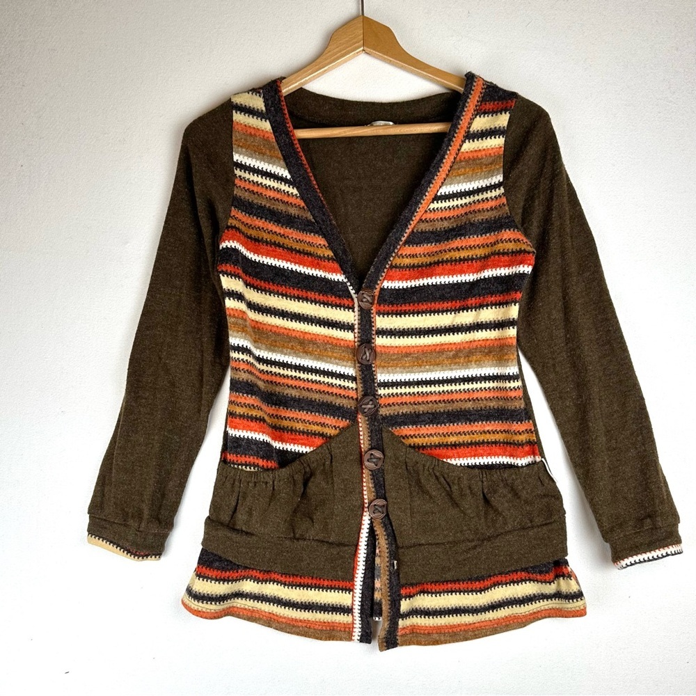SVDK Multi-Color Striped V-Neck Cardigan Sweater Brown Boho